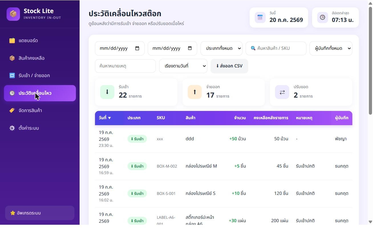 ระบบจัดการสต็อก Stock Lite ประวัติการเคลื่อนไหวสินค้าและส่งออก CSV