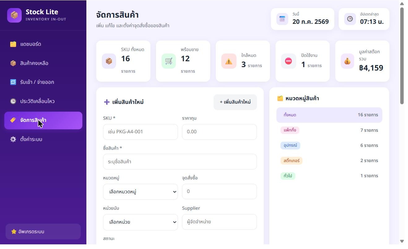 ระบบจัดการสต็อก Stock Lite หน้าจัดการสินค้าและตั้งจุดสั่งซื้อ