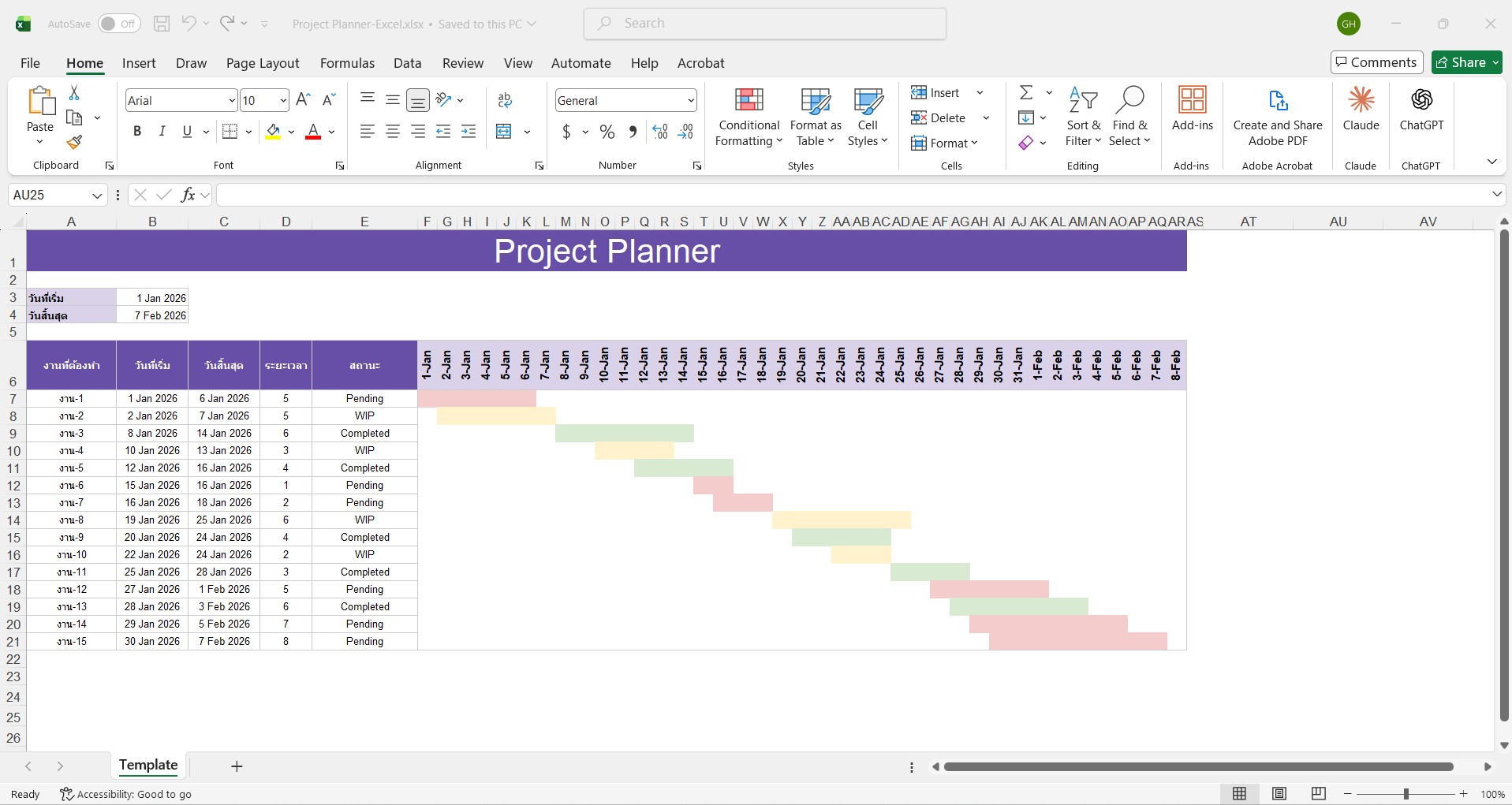 Template Project Planner Excel แสดง Timeline Gantt chart