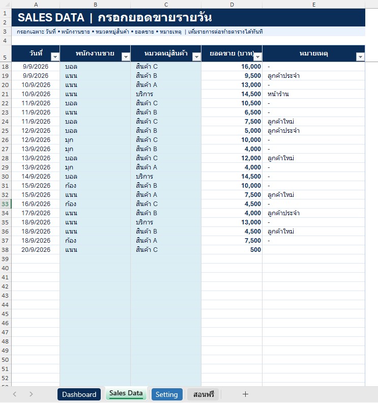 Sheet Sales Data กรอกยอดขายรายวัน