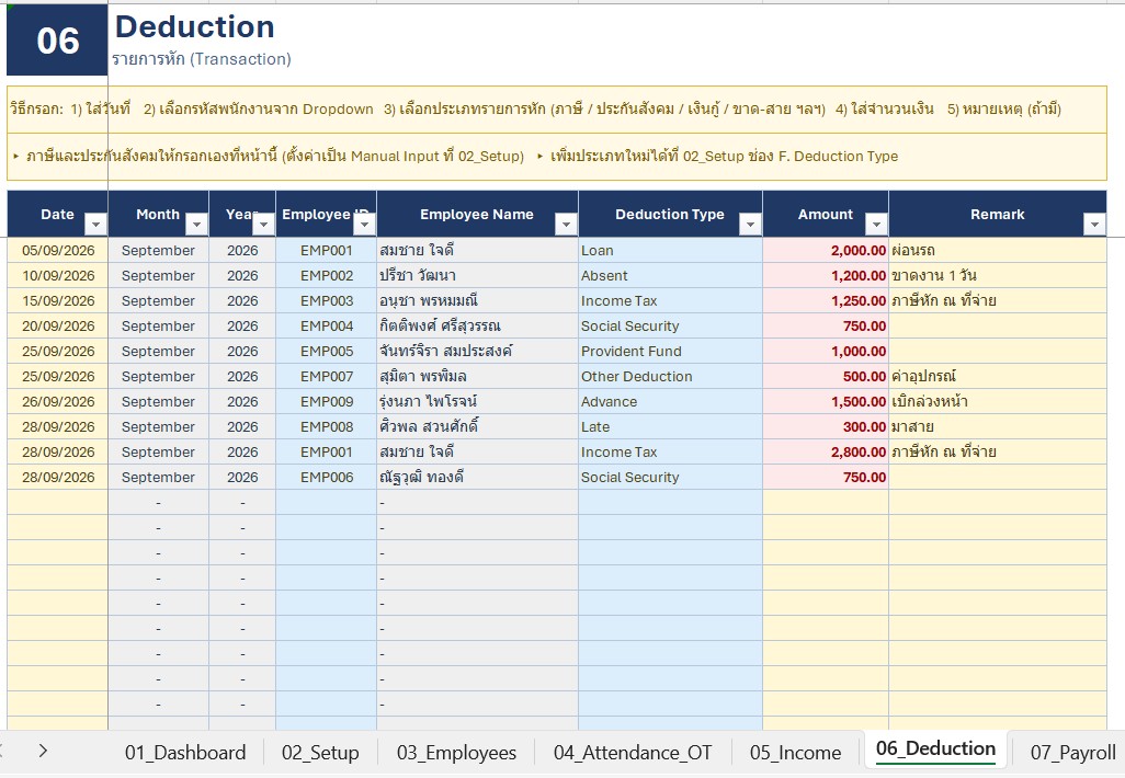 ระบบจัดการเงินเดือนและสลิปเงินเดือน Payroll Payslip Excel Template - ชีต Deduction รายการหัก