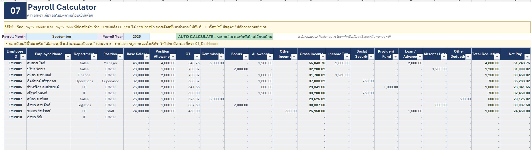 ระบบจัดการเงินเดือนและสลิปเงินเดือน Payroll Payslip Excel Template - ชีต Payroll คำนวณเงินเดือนอัตโนมัติ
