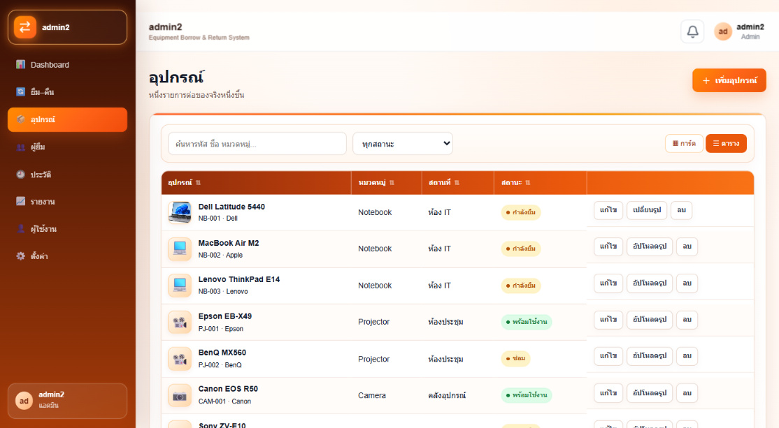 หน้าอุปกรณ์ แสดงแบบตาราง